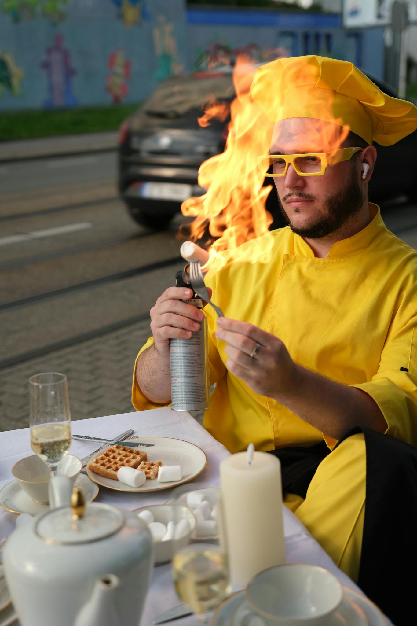 A chef in yellow attire uses a culinary torch to create a dramatic display with food outdoors.